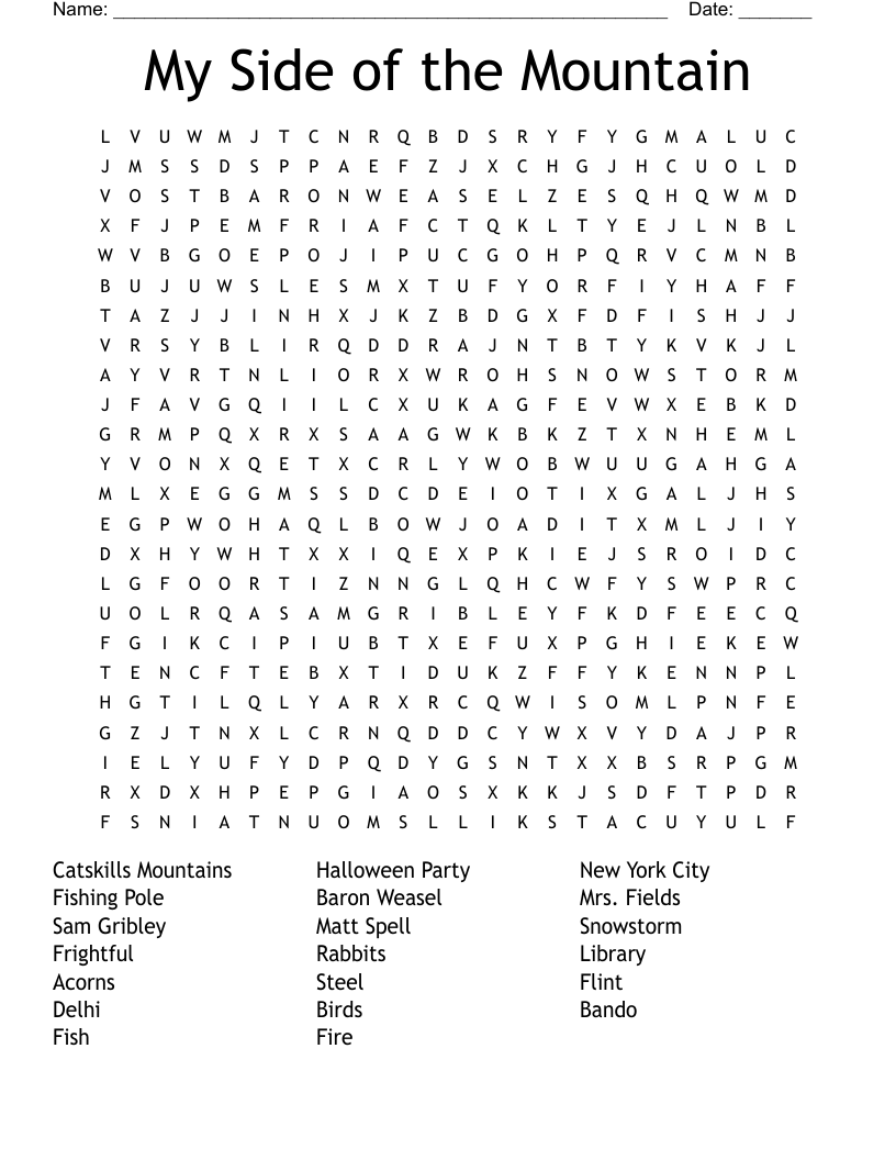 My Side Of The Mountain Word Search WordMint My Side Of The Mountain Activities Book Units Teacher