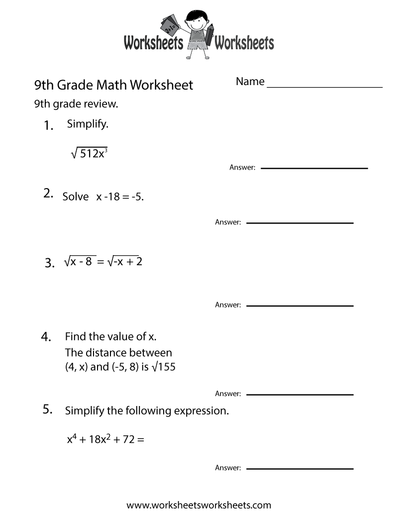 Ninth Grade Math Practice Worksheet Worksheets Worksheets 9th Grade Math Worksheets Learning Printable