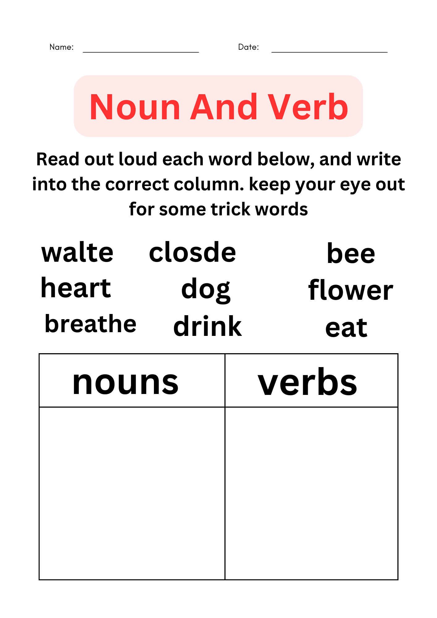 Noun And Verb Sort Free Cut And Paste Sorting Activity Mamas Learning Corner