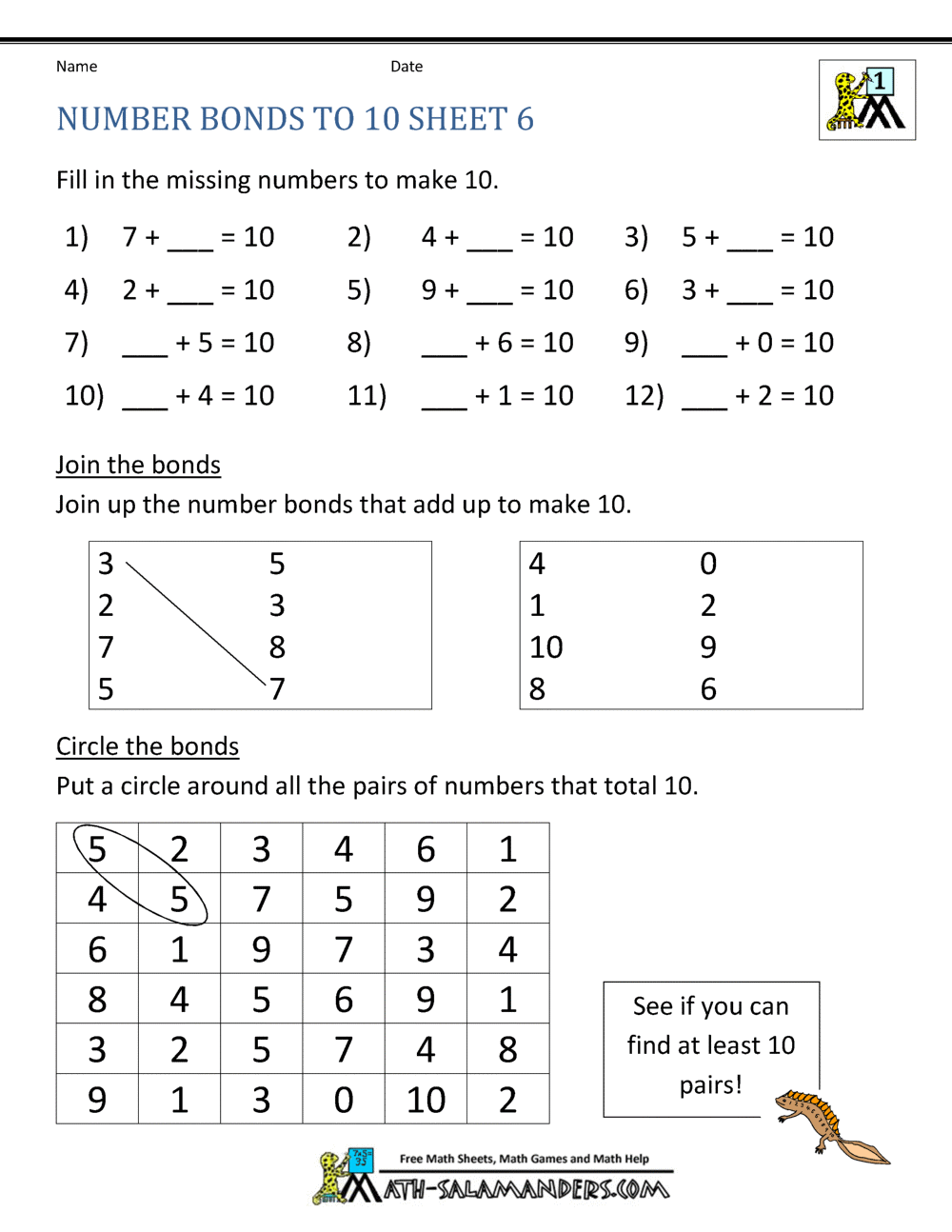 Number Bonds To 10 Worksheets Number Bonds To 10 Worksheets