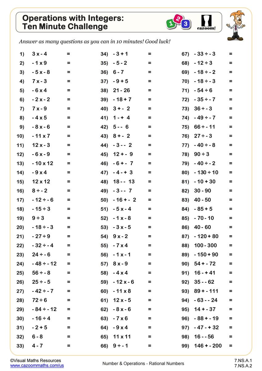 Integers Worksheets For Grade 7 Math