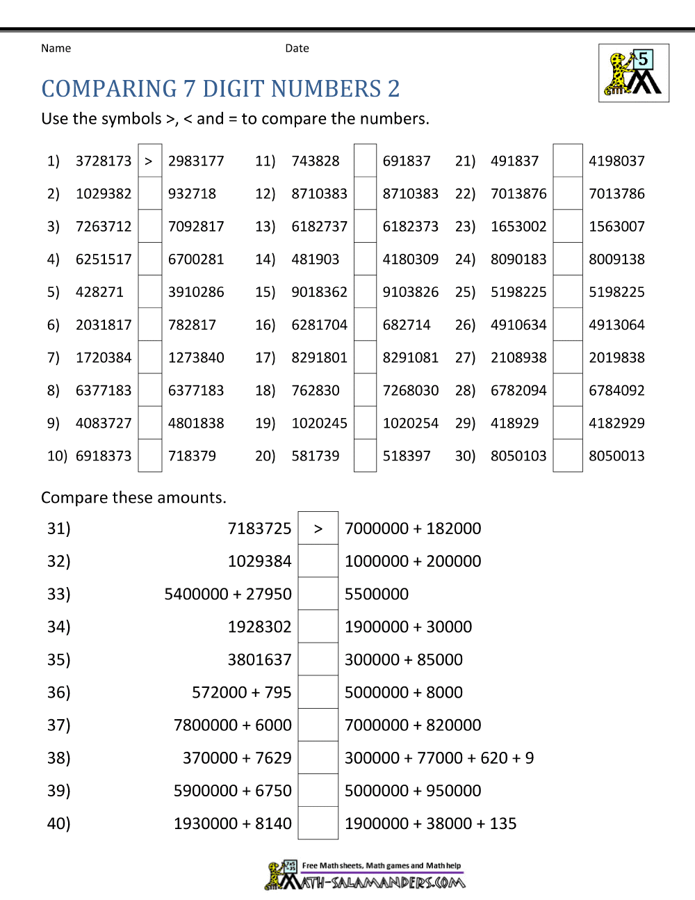Ordering Large Numbers 5th Grade Ordering Large Numbers 5th Grade