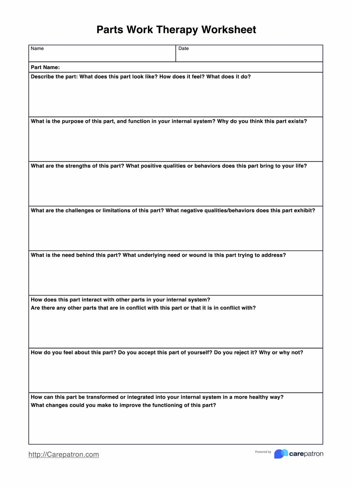 Parts Work Therapy Worksheets