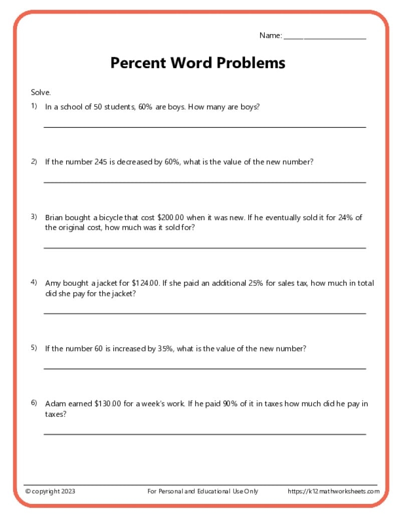 Percent Word Problems Worksheets K12 Math Worksheets Percent Word Problems Worksheets K12 Math Worksheets