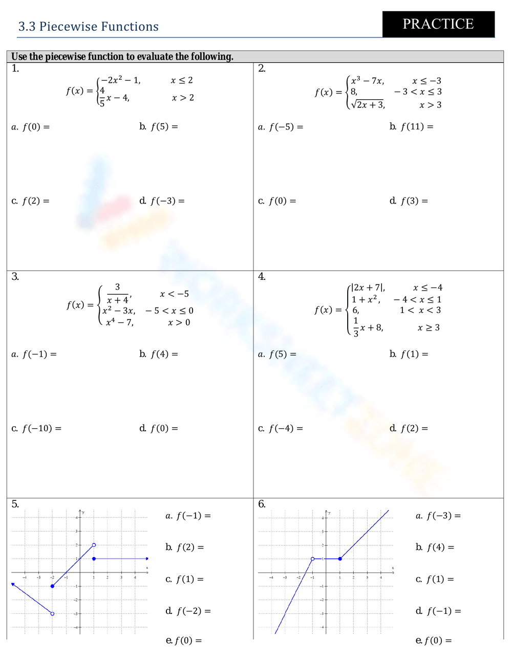 Piecewise Functions Worksheet Worksheets Library
