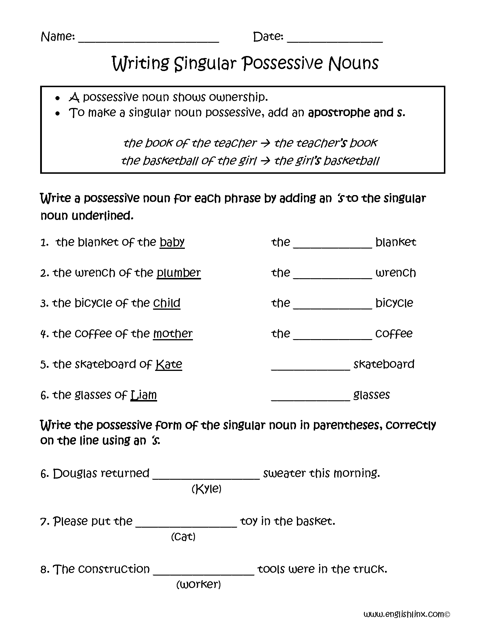 Possessive Nouns Worksheets Writing Singular Possessive Nouns Worksheets Nouns Worksheets Possessive Nouns Worksheets