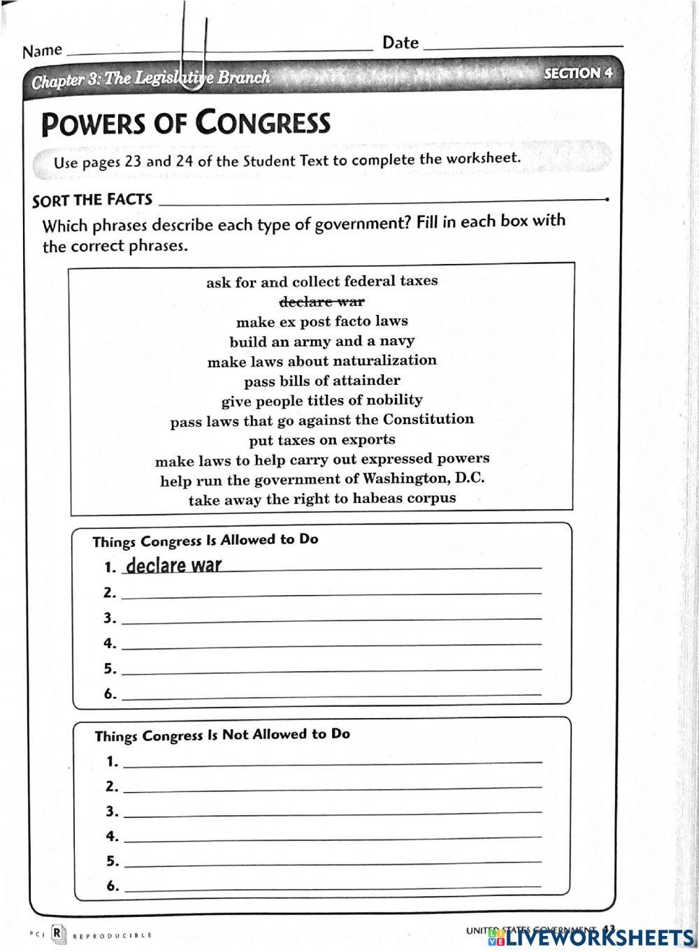 Powers Of Congress Online Exercise For Worksheets Library Congress Worksheet WordMint