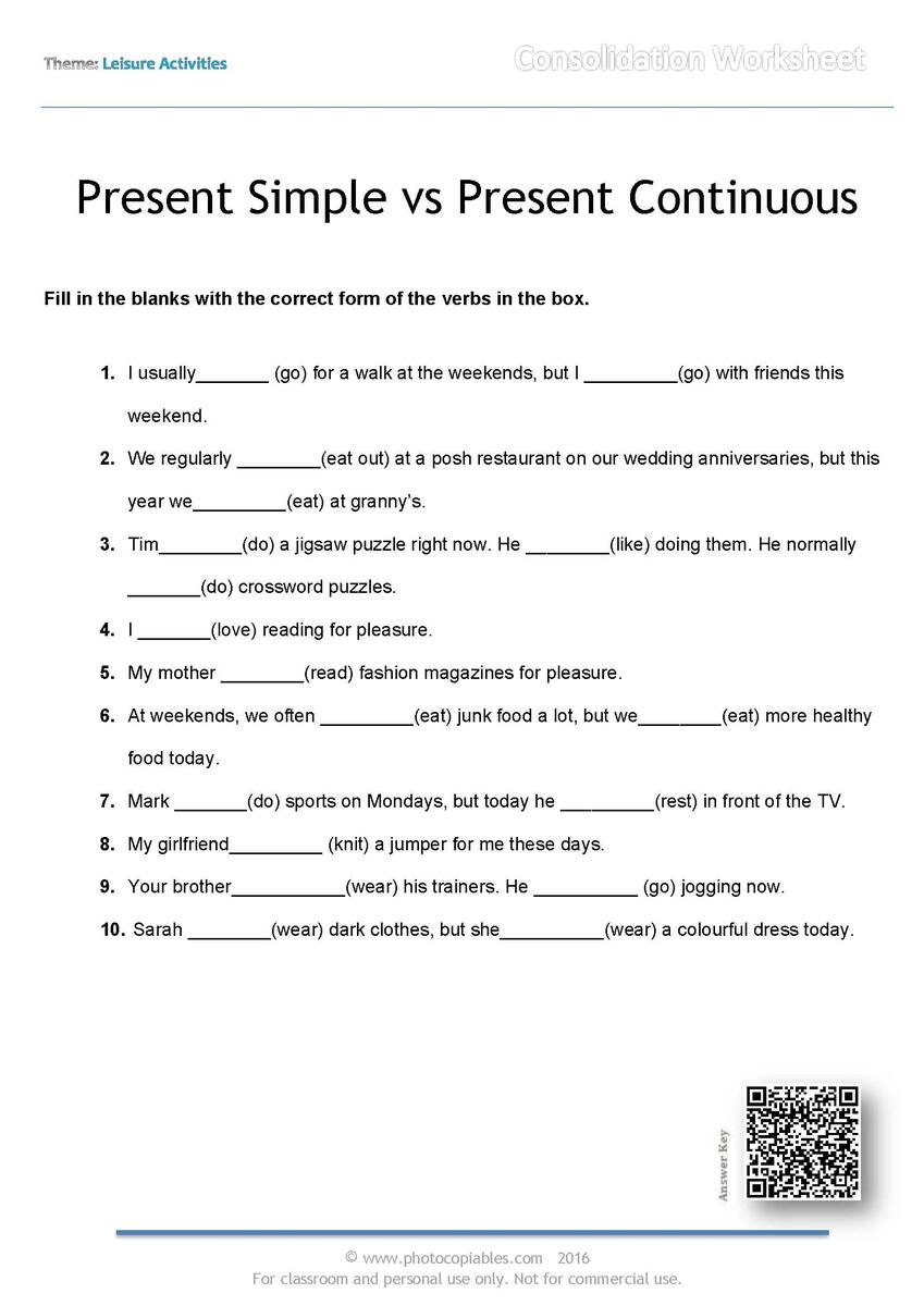 Present Simple Vs Present Continuous Consolidation Worksheet Photocopiables