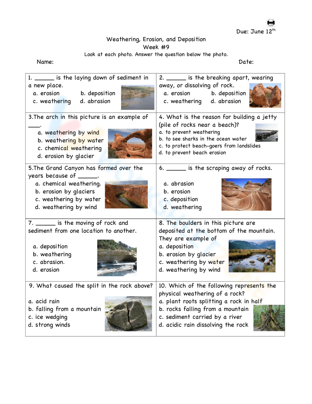 Printable 4th Grade Weathering Erosion And Deposition Worksheets Download
