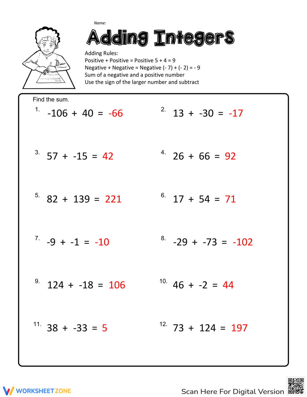 Printable Adding Integers Worksheets Printable Adding Integers Worksheets