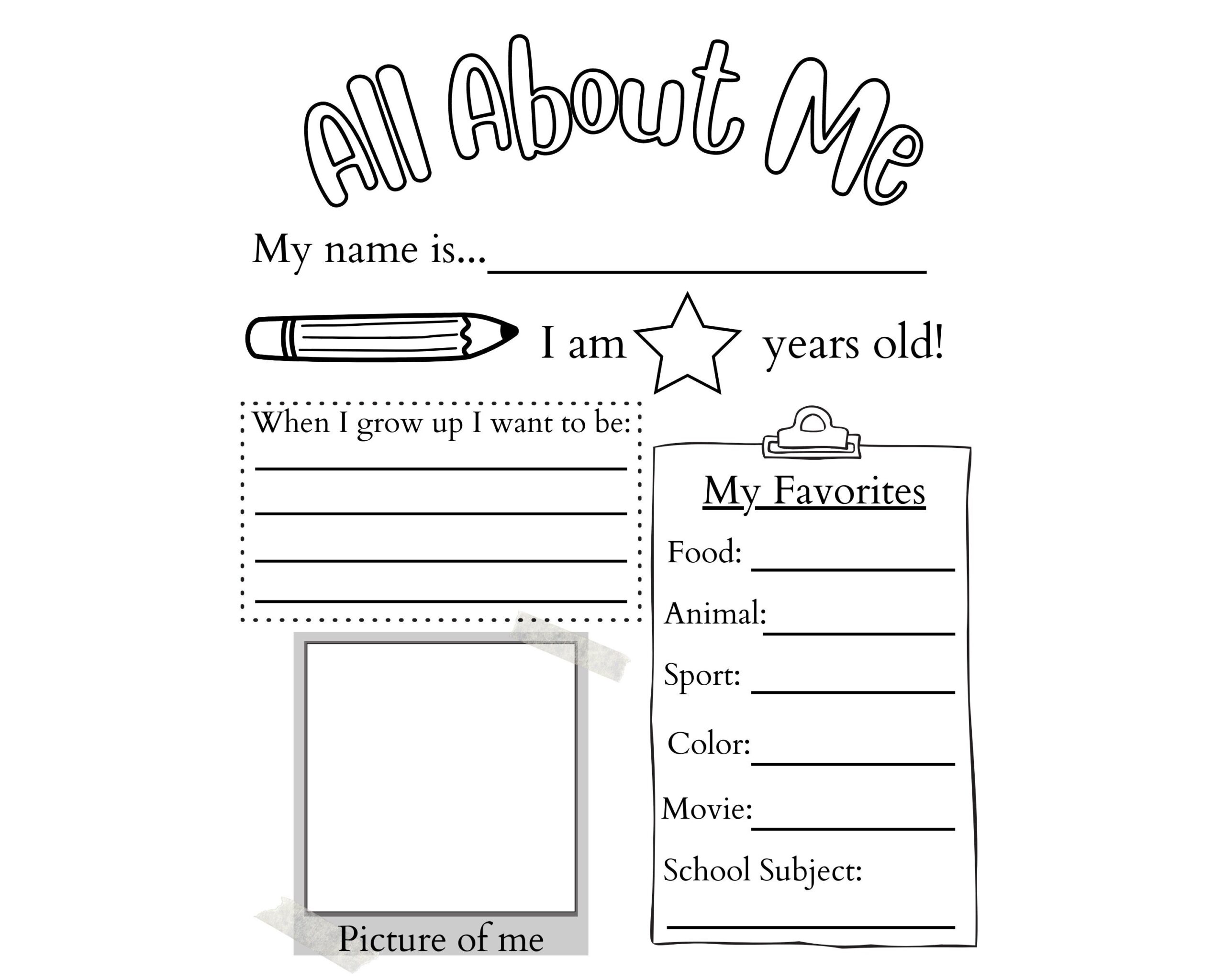 PRINTABLE All About Me Worksheet Printable Activity For Kids First Day Of School Questionnaire PDF Etsy All About Me Worksheet Free