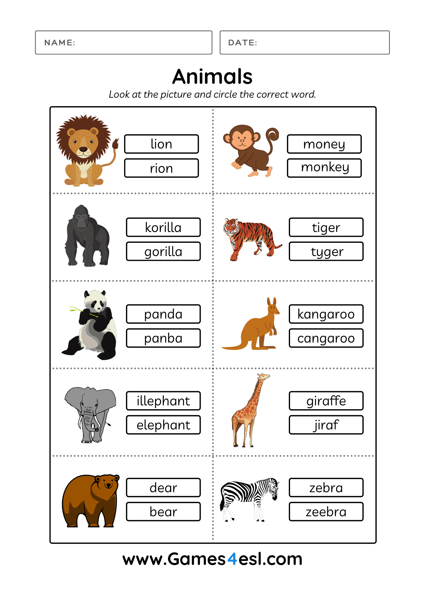 Printable Animal Worksheets For Kids And ESL Learners Games4esl Printable Animal Worksheets For Kids And ESL Learners Games4esl