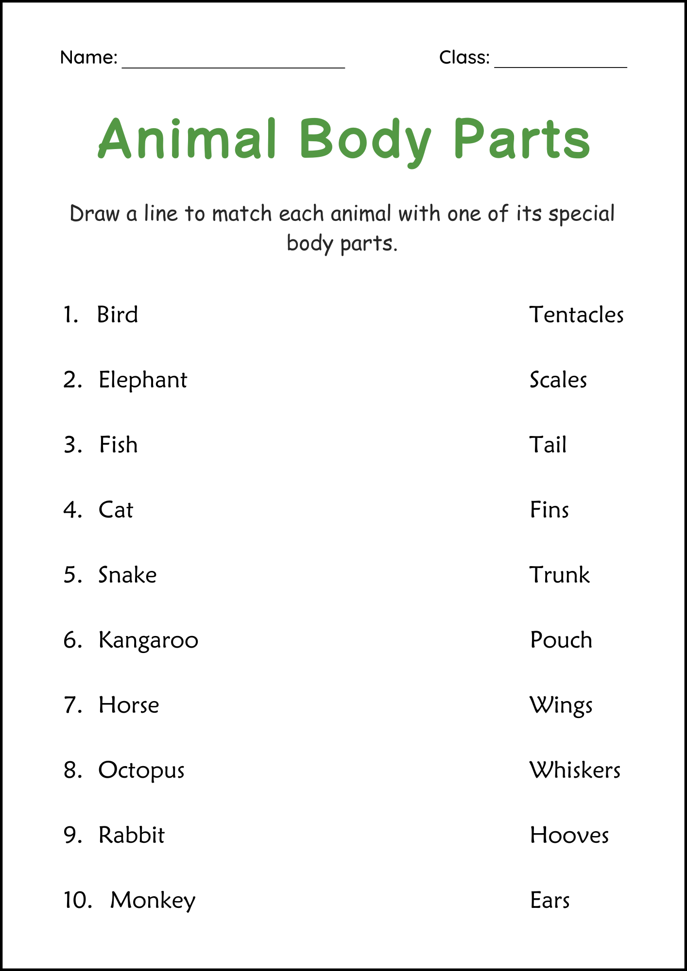 Printable Body Parts Of Animals Activity Worksheets For Grade 2 3 4 Made By Teachers Animal Sounds Worksheet For Class 2 Science Free PDF