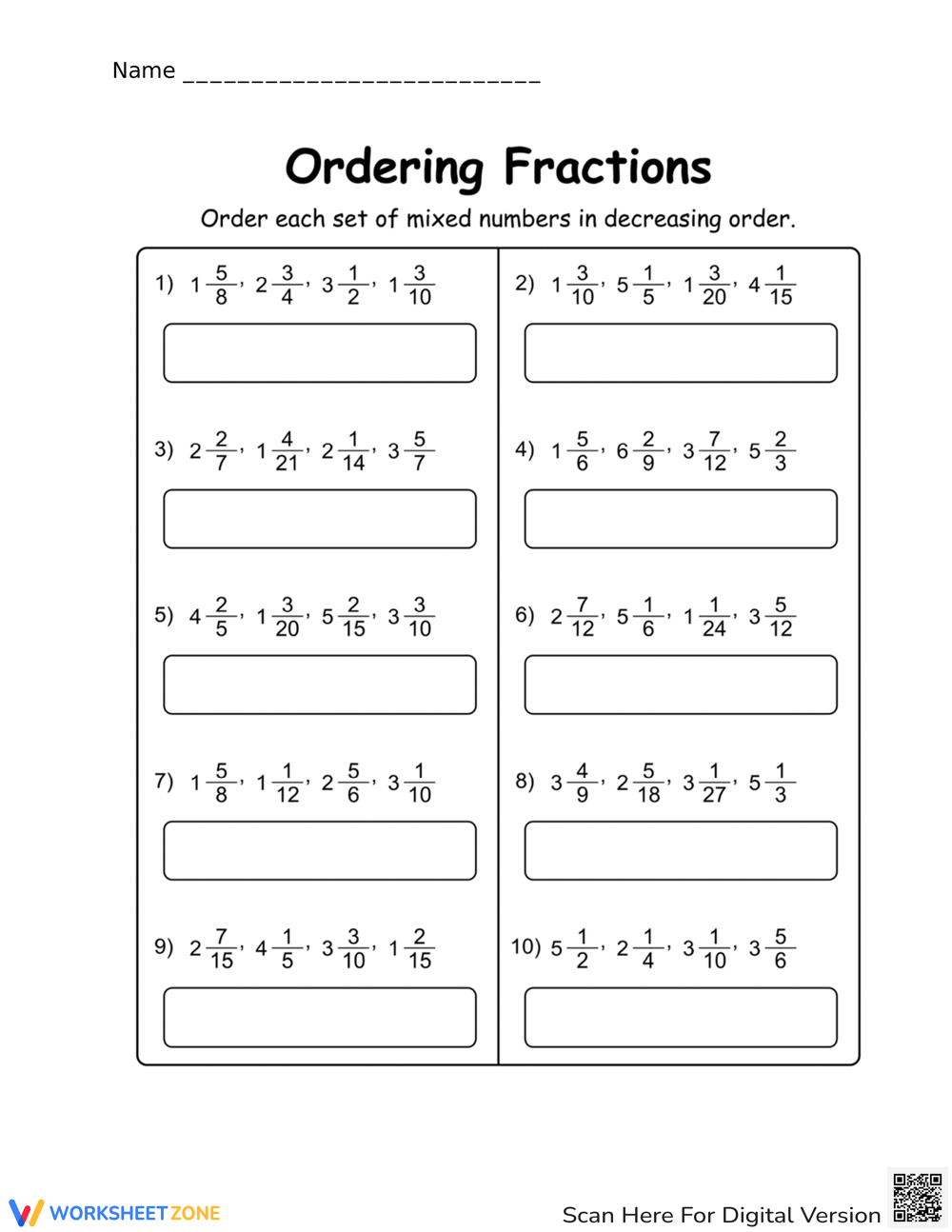Printable Fractions Ordering Worksheets Download