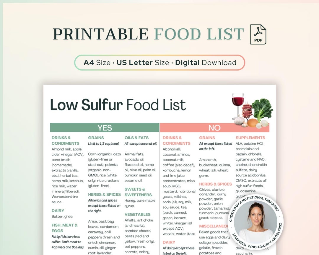 Printable Low Sulfur Food List Sulfur Intolerance H2S SIBO Low Sulfur Diet Hydrogen Sulfide SIBO Sulfur Sensitivity Elimination Diet Etsy