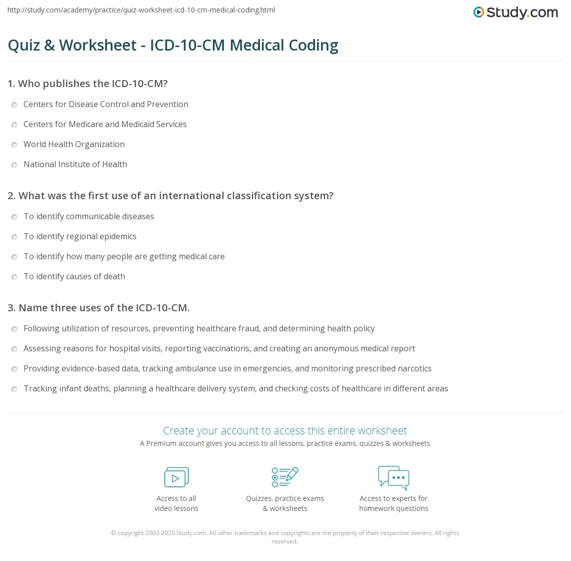 Quiz Worksheet ICD 10 CM Medical Coding Study