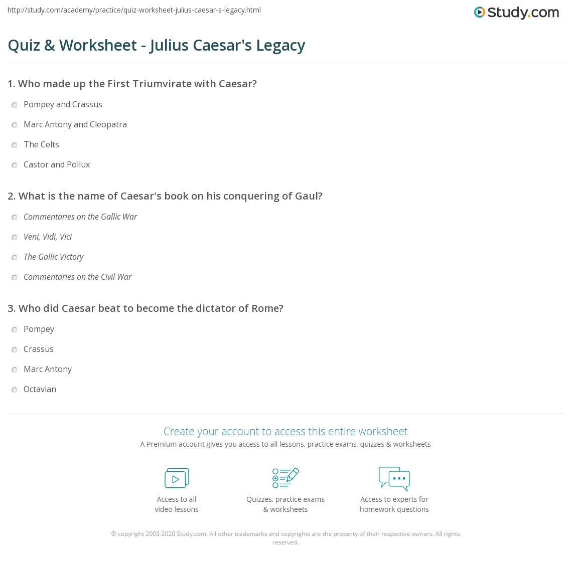 Quiz Worksheet Julius Caesar S Legacy Study