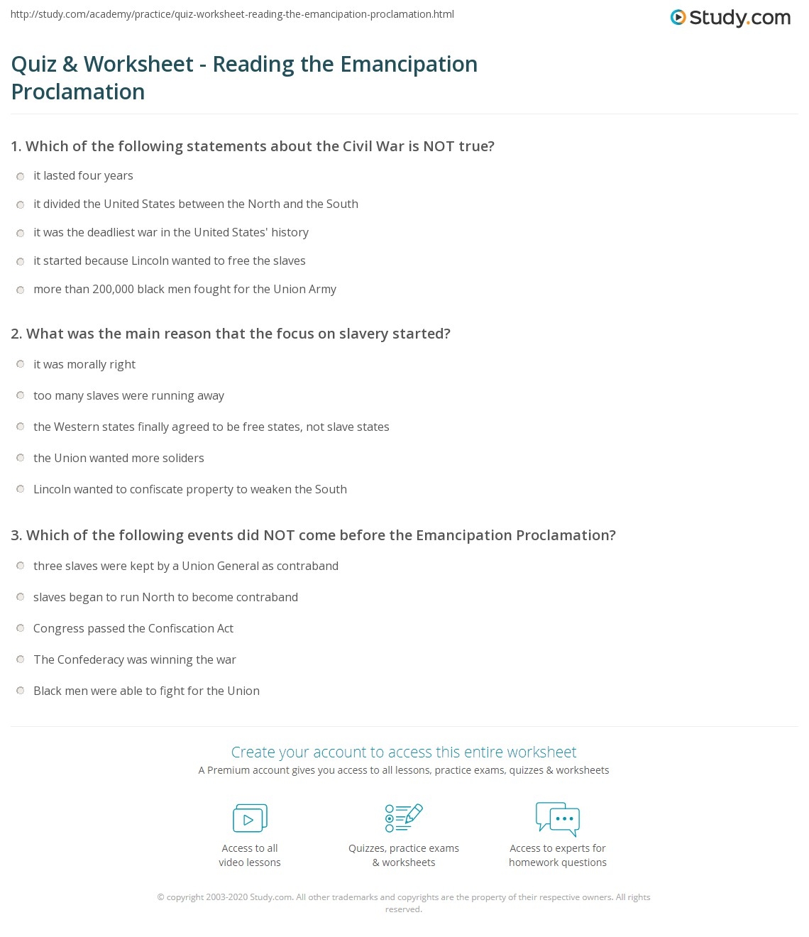 Quiz Worksheet Reading The Emancipation Proclamation Study Quiz Worksheet Reading The Emancipation Proclamation Study