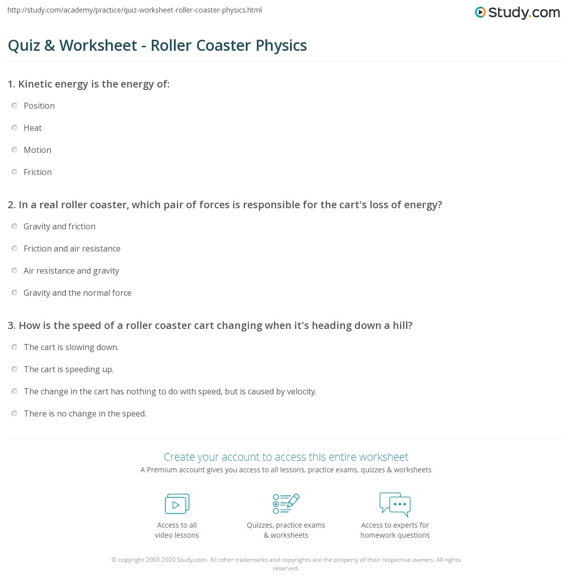 Quiz Worksheet Roller Coaster Physics Study