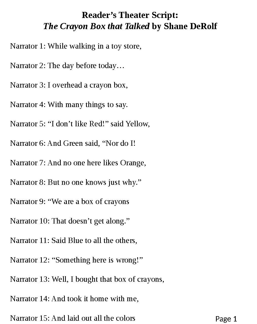 Reader S Theater Script The Crayon Box That Talked By LBLearningDesign