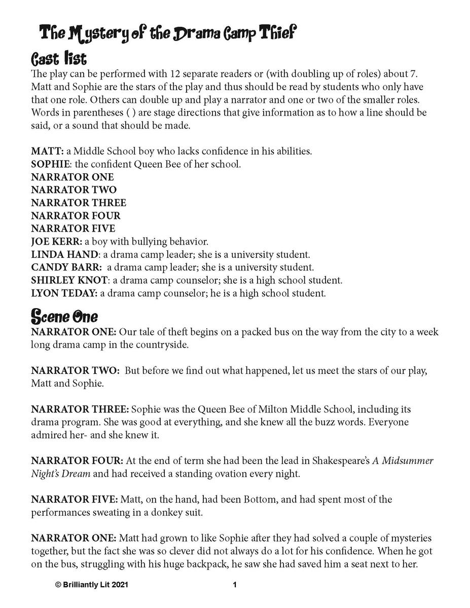 READERS THEATER MYSTERY MIDDLE SCHOOL SCRIPT Drama Camp Thief Made By Teachers