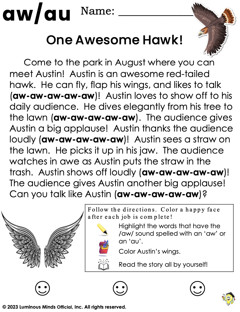 Reading Comprehension Worksheets One Awesome Hawk Reading Practice With The AW And AU Sound Reading Comprehension Worksheets One Awesome Hawk Reading Practice With The AW And AU Sound