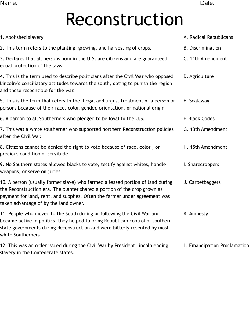 Reconstruction Worksheet WordMint Reconstruction Worksheet WordMint