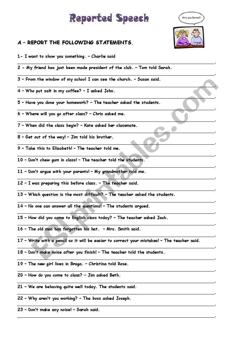 Reported Speech 50 Exercises ESL Worksheet By Sandramaisa