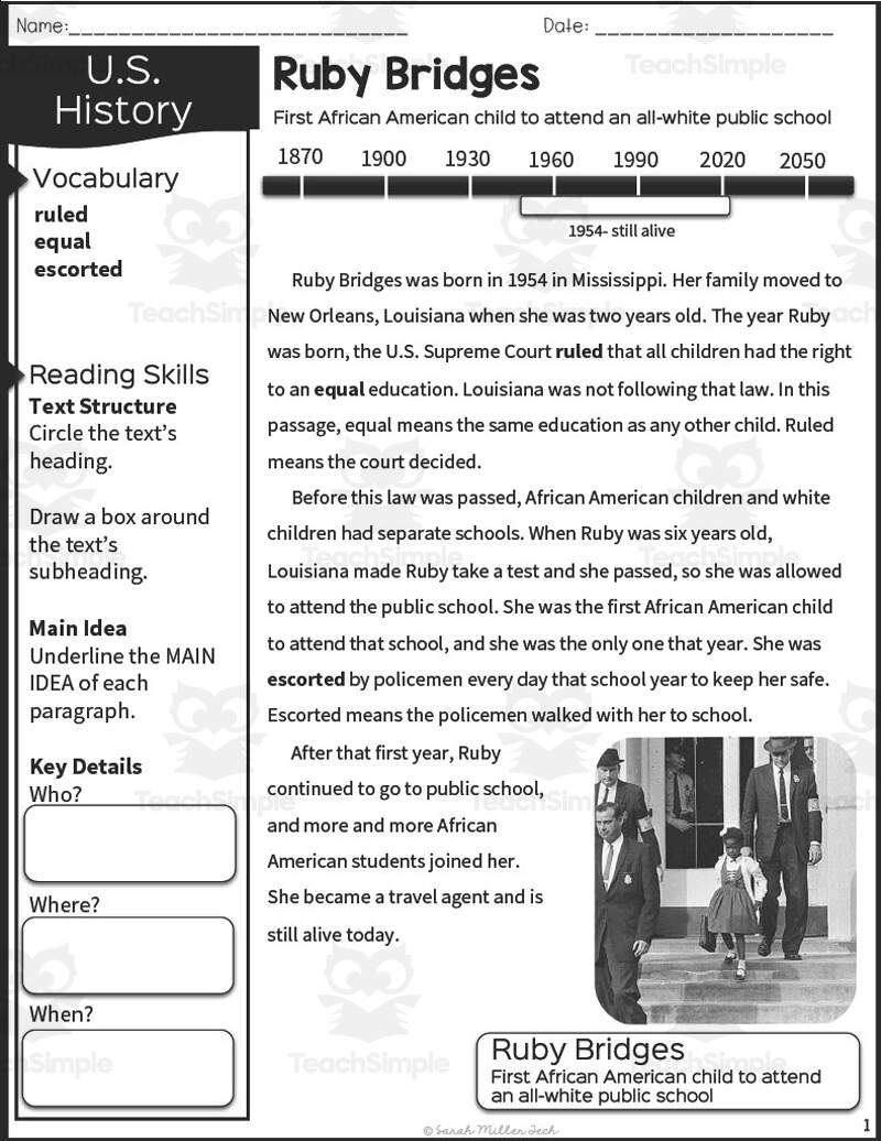 Ruby Bridges History Packet For 2nd 3rd Grade By Teach Simple