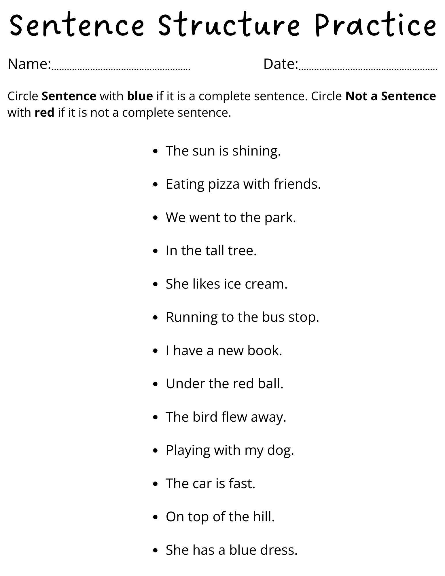 Sentence And Non Sentence Worksheet For Grade 1 Made By Teachers