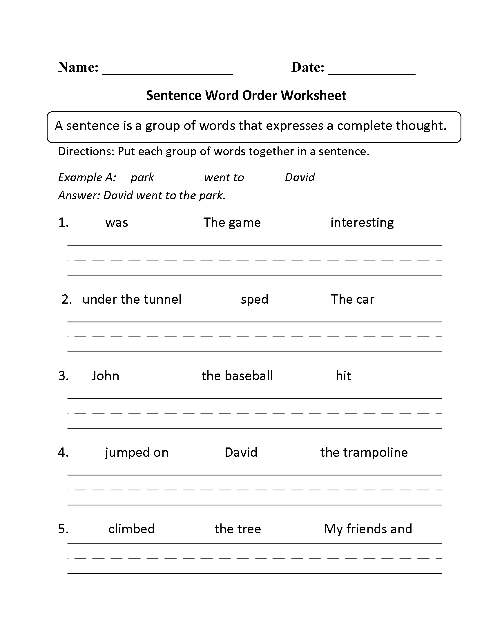 Sentence Structure Worksheets Language Arts Activities