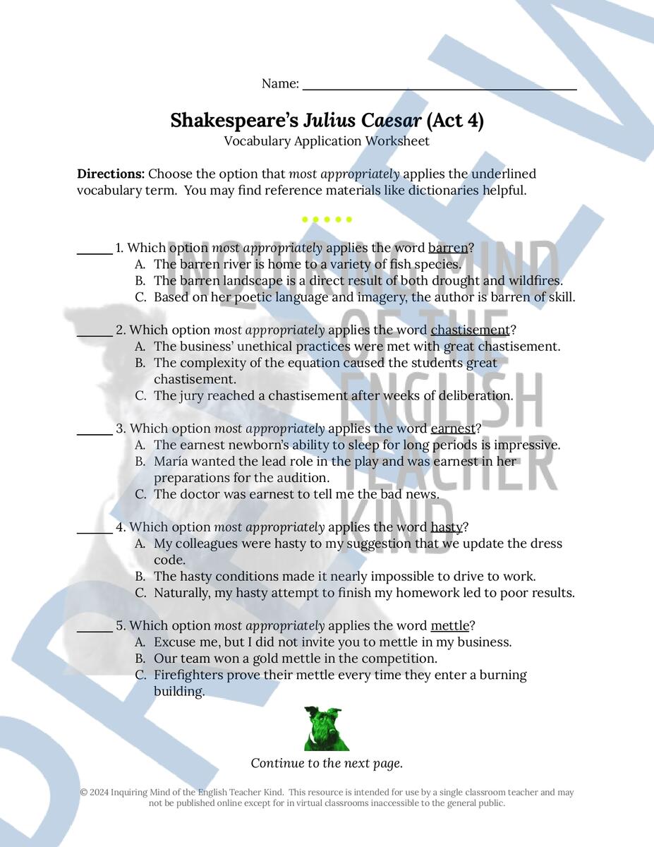Shakespeare S Julius Caesar Act 4 Vocabulary Games For High School Classful