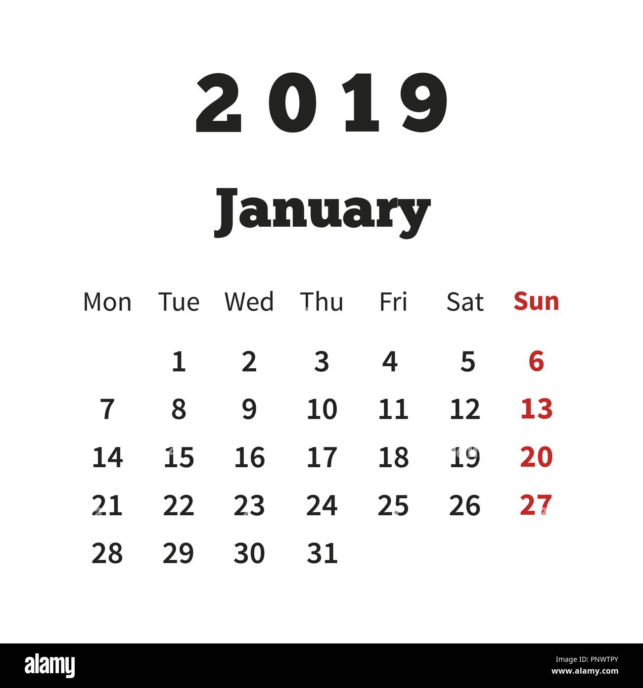 Simple Calendar On January 2019 Year With Week Starting From Monday On White Stock Vector Image Art Alamy Simple Calendar On January 2019 Year With Week Starting From Monday On White Stock Vector Image Art Alamy