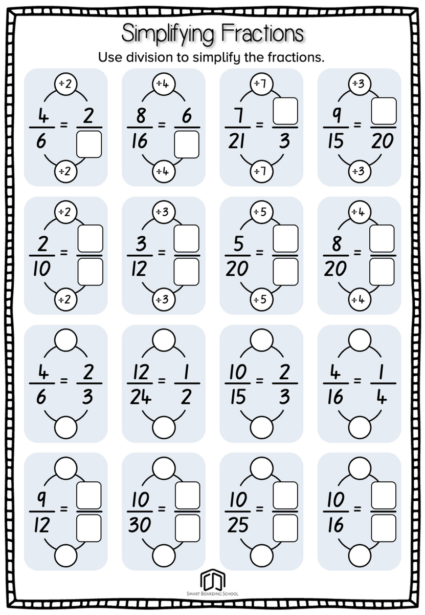 Simplifying Fractions A Worksheet Printable Maths Worksheets