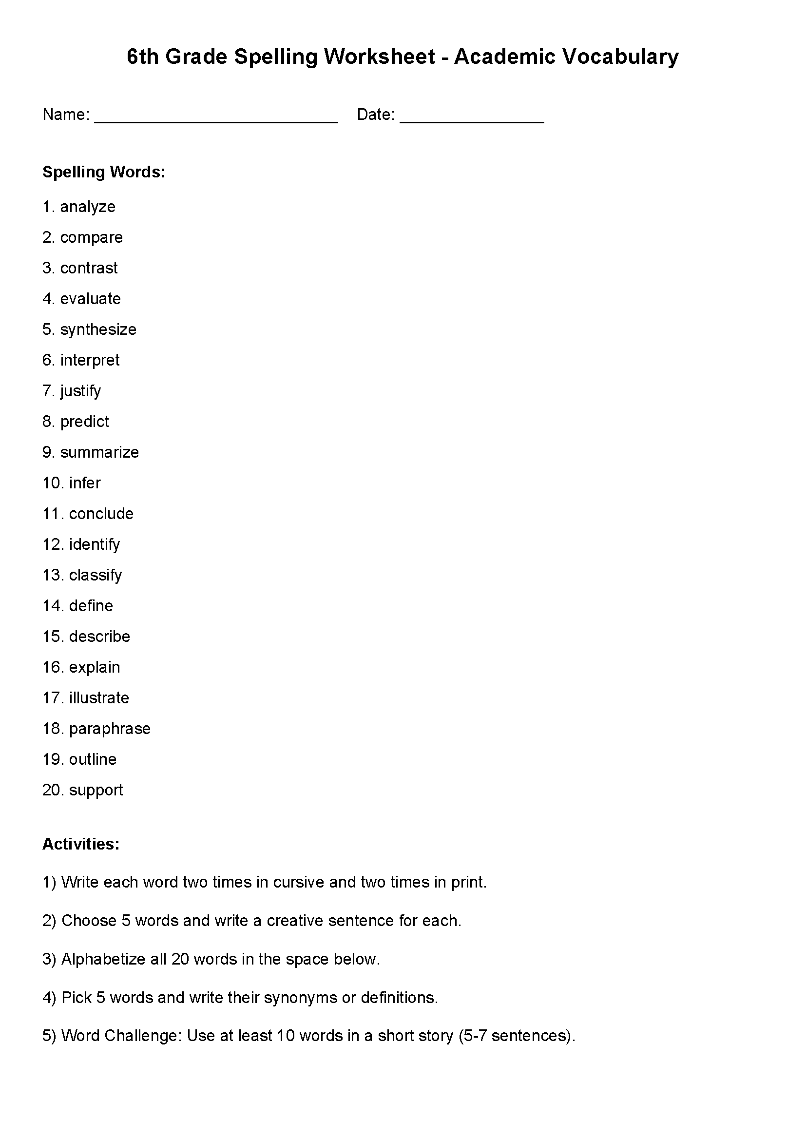 Sixth Grade Spelling Worksheets Printable Word Lists Vocabulary Practice