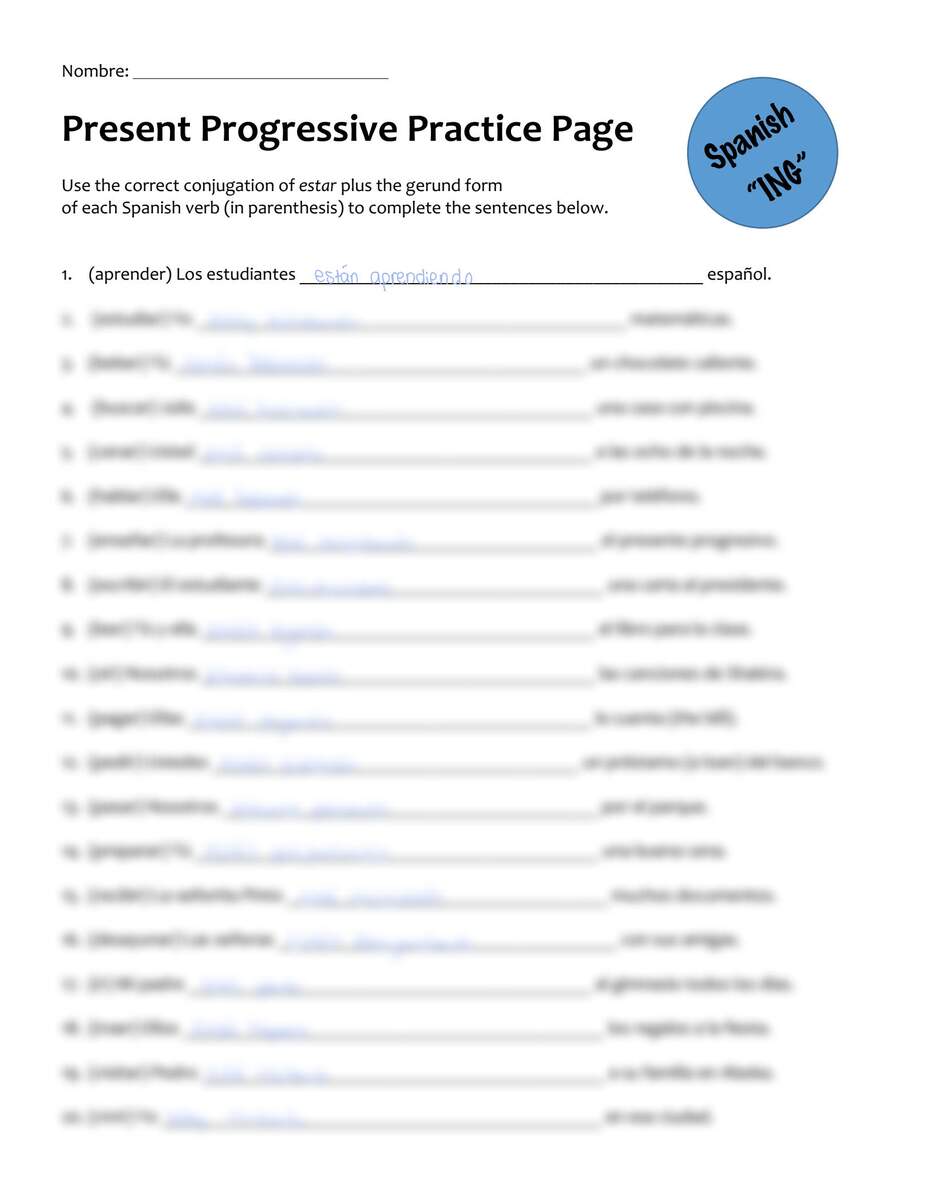 SOLUTION Spanish Present Progressive Worksheet 1 1 Studypool Worksheets Library