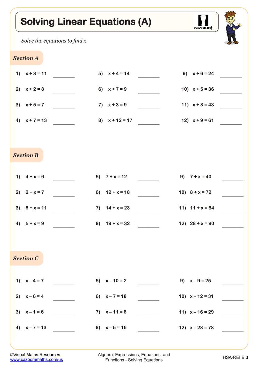 Solving Linear Equations A Worksheet Algebra I PDF Worksheets Cazoom Math Algebra 1 Worksheets With Answers PDF Printable Algebra 1 Math Worksheets Cazoom Math