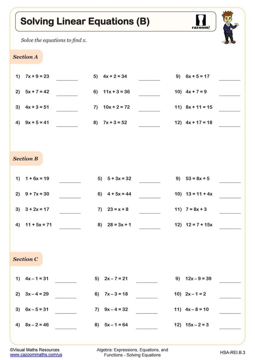Solving Linear Equations C Worksheet Algebra I PDF Worksheets Cazoom Math Basic Algebra Worksheets