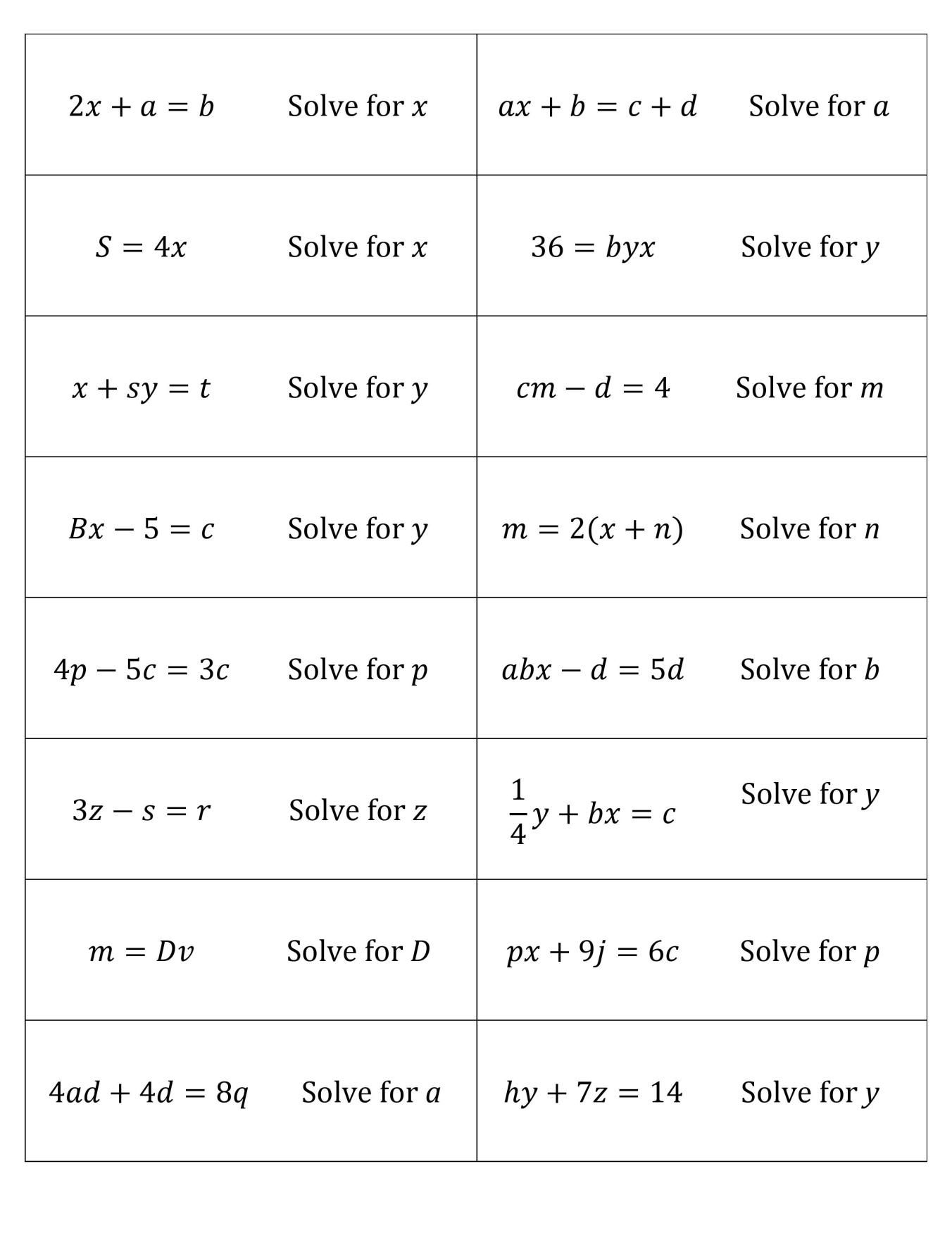 Solving Literal Equations Connect 4 Activity Student Approved Worksheets Library
