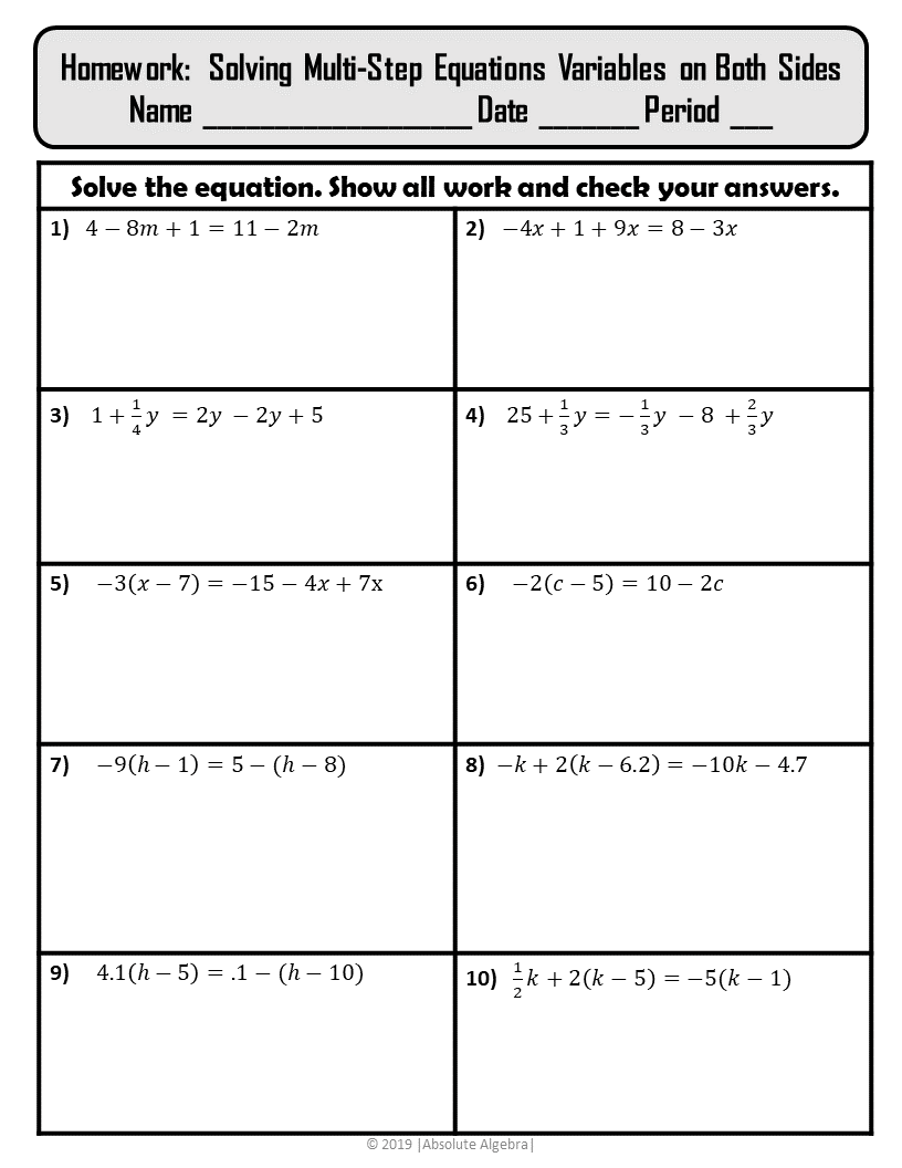 Solving Multi Step Equations Variables On Both Sides Notes Practice Homework U1 Absolute Algebra Variable On Both Sides Equations Worksheet Worksheets Library