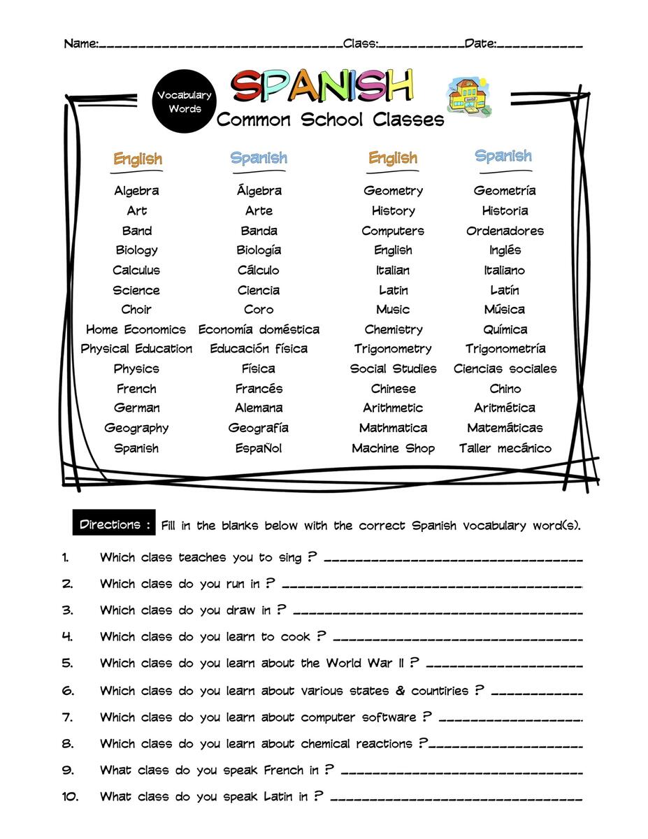 Spanish Common School Classes Vocabulary Word List Worksheet Worksheets Library