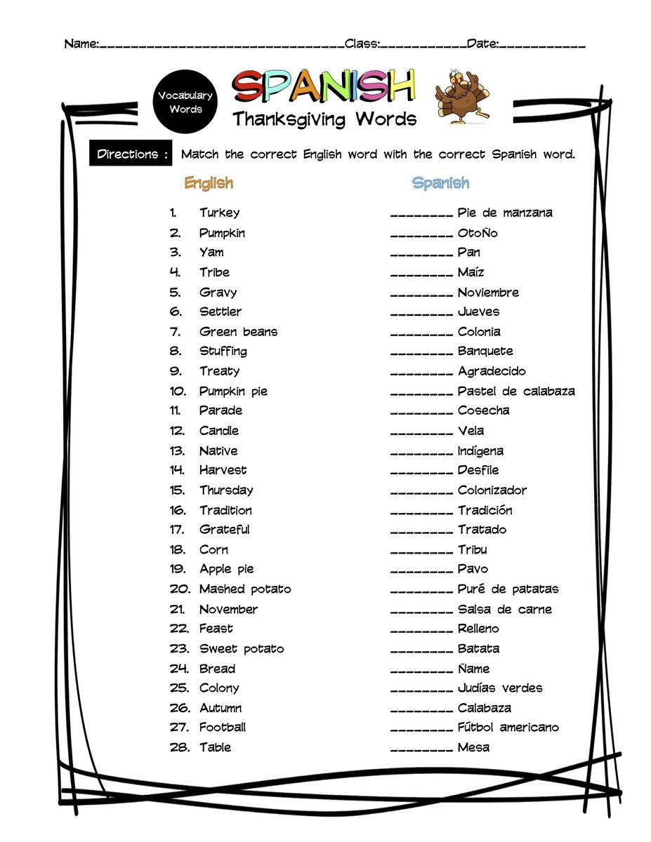 Spanish Thanksgiving Vocabulary Matching Worksheet Answer Key Made By Teachers Spanish Thanksgiving Vocabulary Matching Worksheet Answer Key Made By Teachers