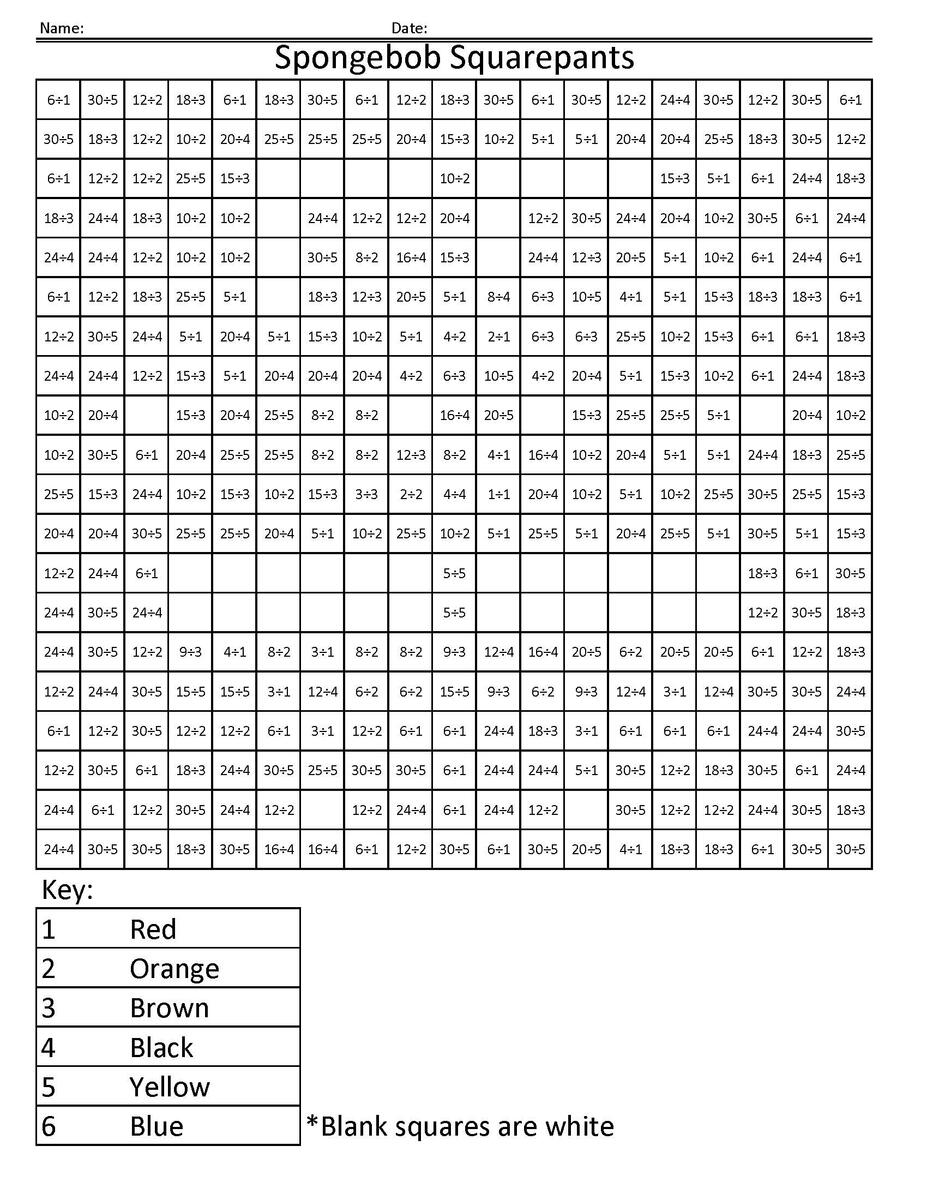 Spongebob Squarepants Basic Division Coloring Squared