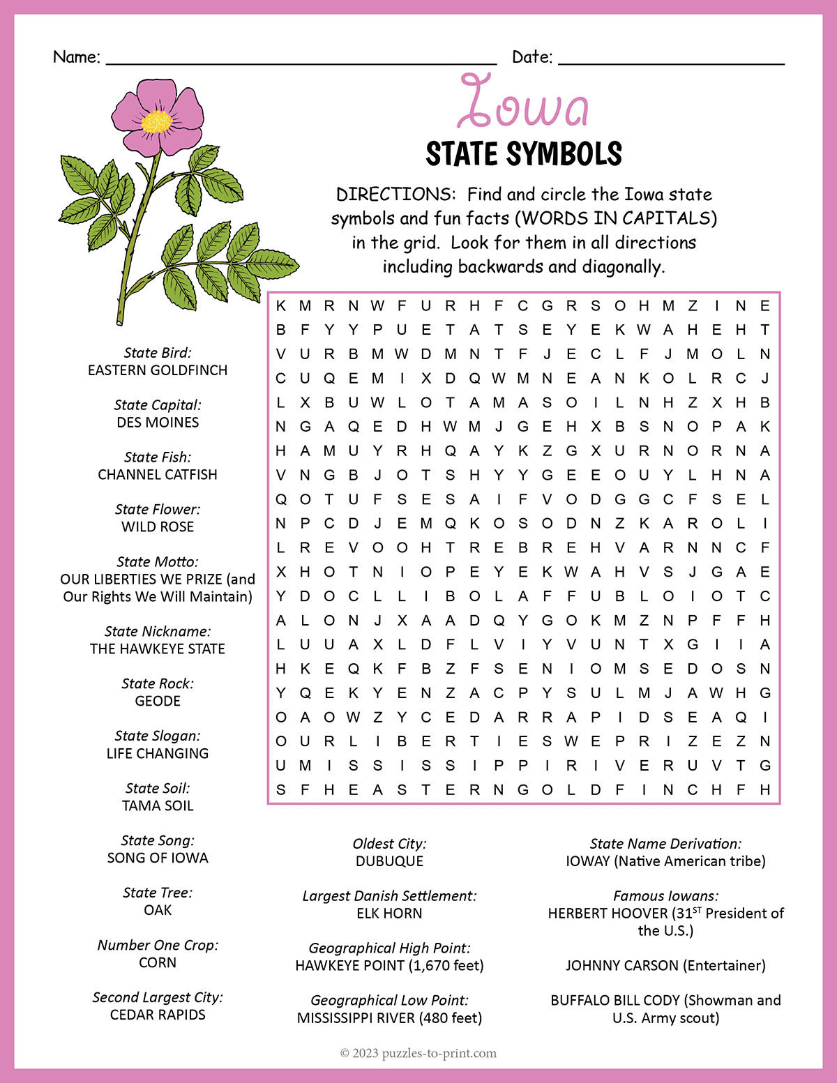 State Symbols Of Iowa Word Search State Symbols Of Iowa Word Search