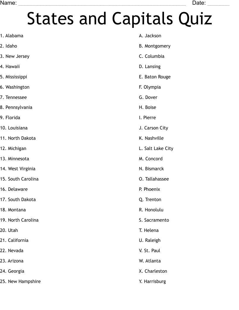 States And Capitals Quiz Worksheet WordMint FREE Printable States And Capitals Matching Game
