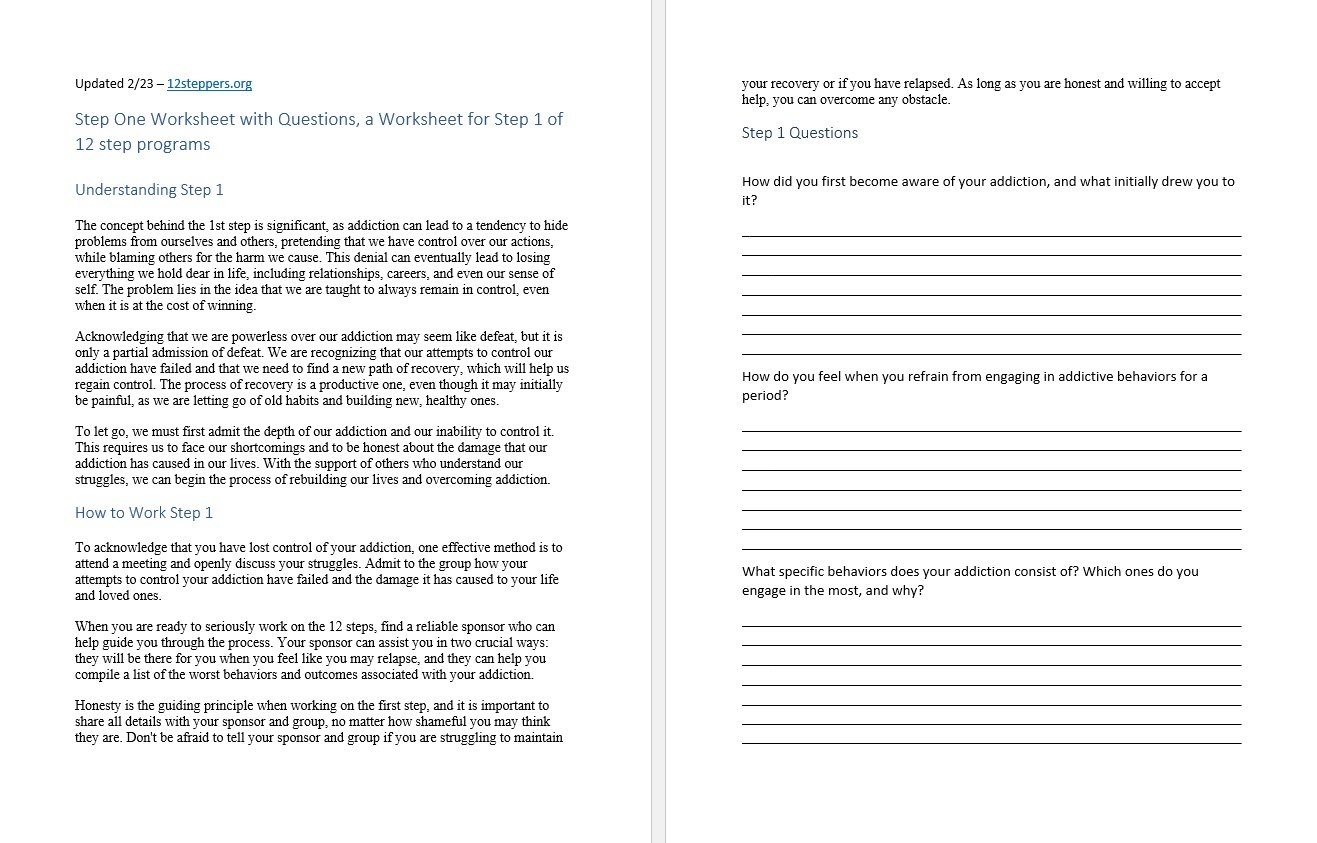 Step 1 Worksheet With Questions Free PDF Download Print 12 Steppers