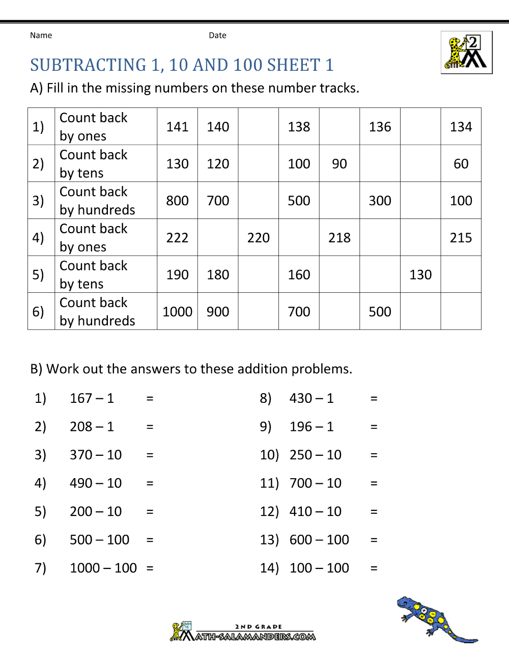 Subtract 1 10 100 Worksheets