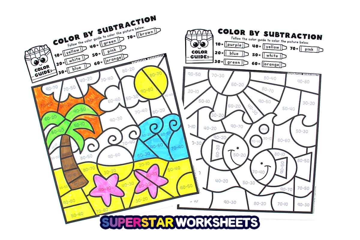 Subtraction Color By Number Superstar Worksheets Subtraction Color By Number Superstar Worksheets