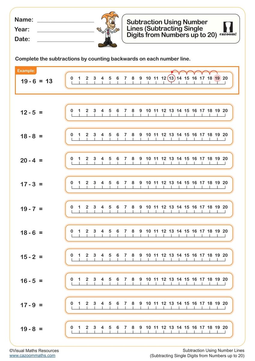 Subtraction Using Number Lines Subtracting Single Digits From Numbers Up To 20 Worksheet Printable Year 1 Subtraction Worksheet