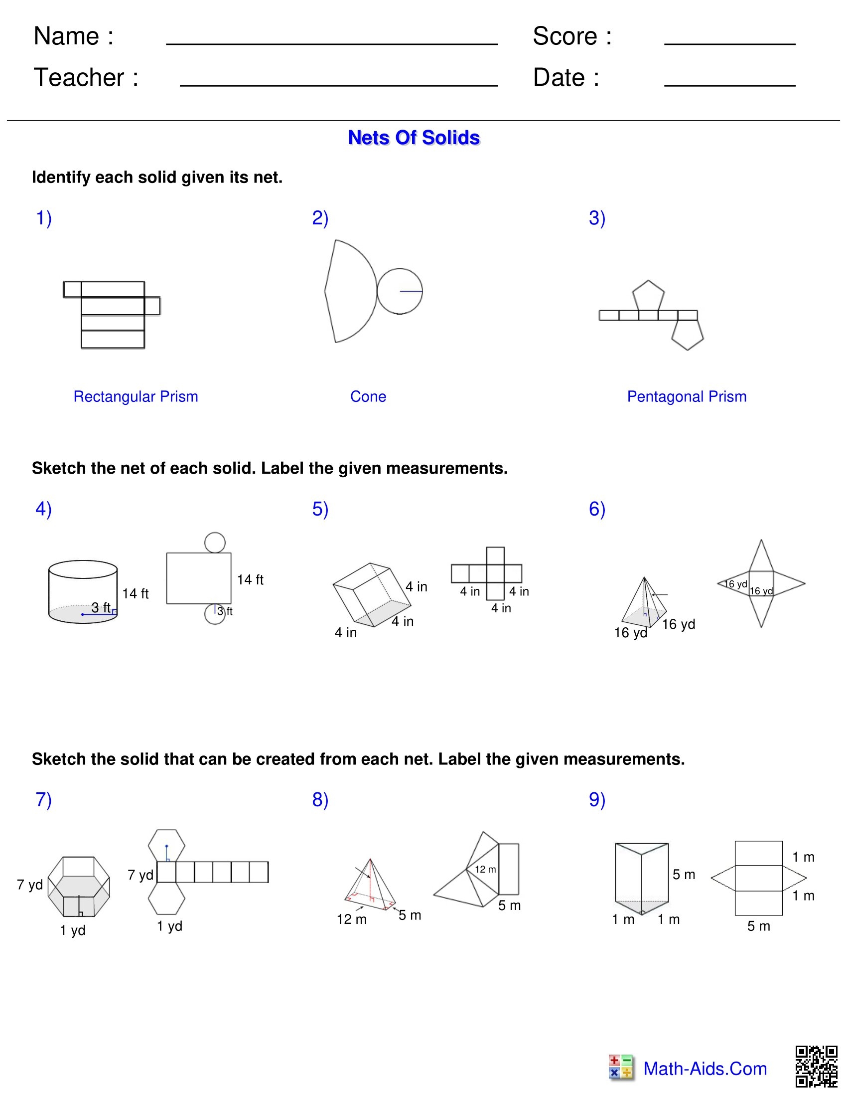 Surface Area Volume Nets Of Solids Worksheets Made By Teachers